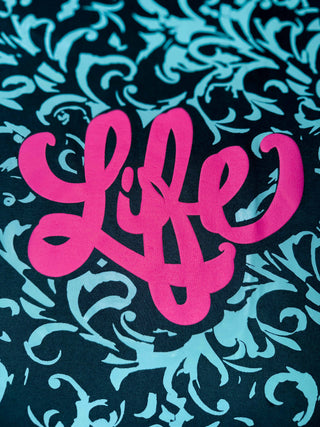 Close-up of neck print on Life Oversized Tee-Shirt T-shirt in teal green color