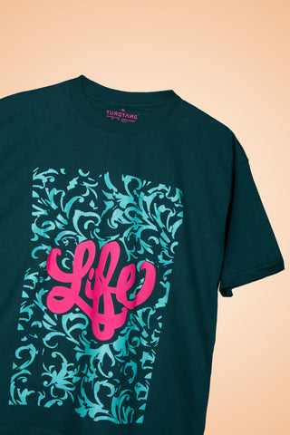 front view showing graphic print on Life Oversized Tee-Shirt unisex T-shirt in teal green color