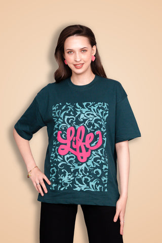 teal green Life Oversized Tee-Shirt unisex T-shirt worn by female model, front view