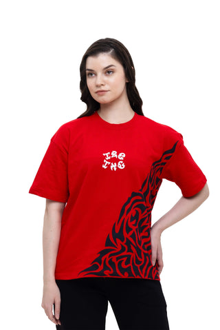 Girl Wearing TURQTANG Obsidian Flame Oversized T-Shirt in Flaming Red – premium oversized tee front view.