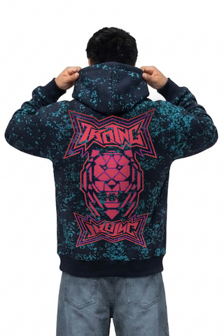 TURQTANG Primal Instinct Hoodie in Midnight Glitch – 350 GSM cotton-rich heavyweight fabric detail.