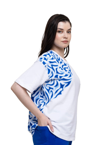 TURQTANG Sapphire Smoke Oversized T-Shirt in Smoking White – relaxed streetwear fit side profile.