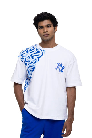 TURQTANG Sapphire Smoke Oversized T-Shirt in Smoking White – premium oversized tee front view wear by man.