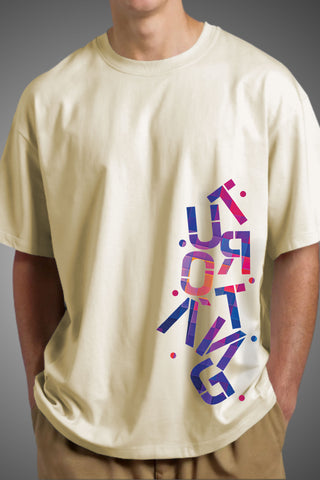 Stone ivory Stacked in Style oversized T-shirt worn by male model