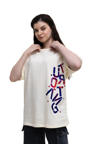 TURQTANG Stacked in Style Oversized T-Shirt in Stone Ivory – Minimalist streetwear with timeless appeal.