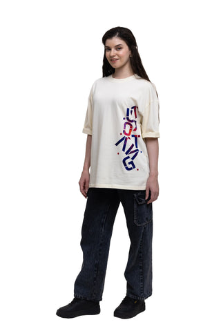 TURQTANG Stacked in Style Oversized T-Shirt in Stone Ivory – Minimalist streetwear with timeless appeal.