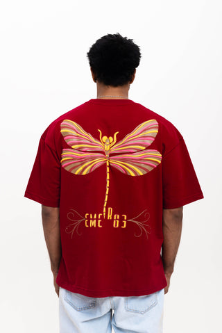 TURQTANG Dragonfly Oversized T-Shirt in Burgundy – Fashion-forward comfort with artistic detail.