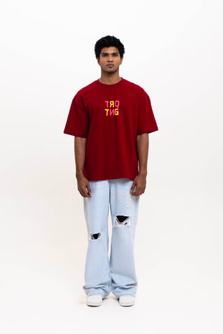 TURQTANG Dragonfly Oversized T-Shirt in Burgundy – Fashion-forward comfort with artistic detail.