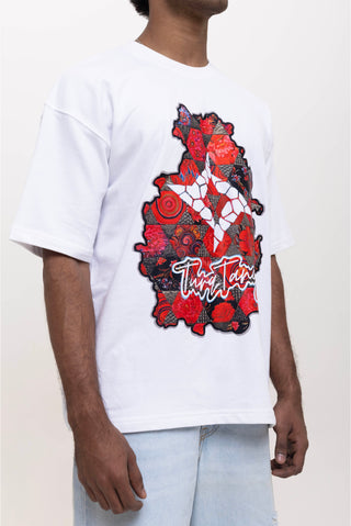 TURQTANG Floral Inferno Oversized T-Shirt in Snow White – Artistic streetwear inspired by floral energy.