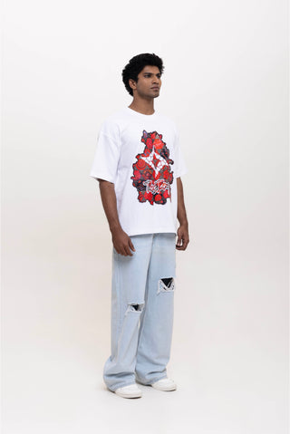 TURQTANG Floral Inferno Oversized T-Shirt in Snow White – Artistic streetwear inspired by floral energy.