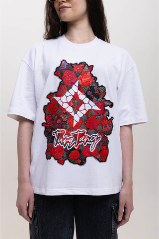 TURQTANG Floral Inferno Oversized T-Shirt in Snow White – Artistic streetwear inspired by floral energy.