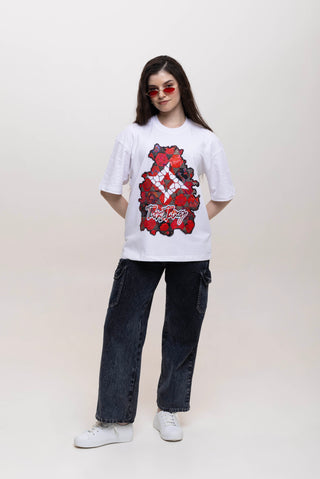 TURQTANG Floral Inferno Oversized T-Shirt in Snow White – Artistic streetwear inspired by floral energy.