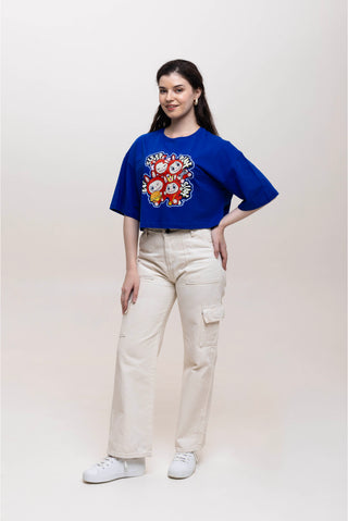 TURQTANG Iconic Crop Top Quad Squad in Monarch Blue with Crowned Cherry – Dual-tone streetwear for bold vibes.