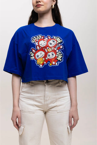TURQTANG Iconic Crop Top Quad Squad in Monarch Blue with Crowned Cherry – Dual-tone streetwear for bold vibes.