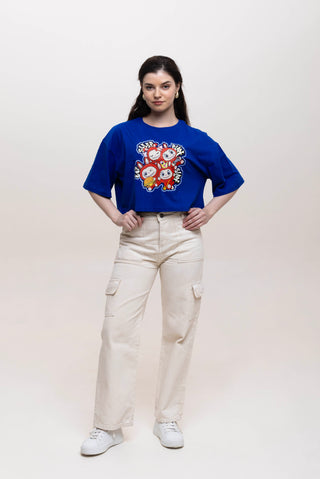 TURQTANG Iconic Crop Top Quad Squad in Monarch Blue with Crowned Cherry – Dual-tone streetwear for bold vibes.
