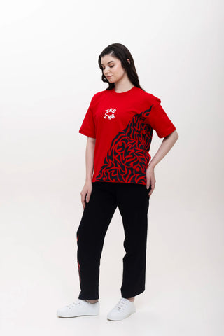 TURQTANG Obsidian Flame Oversized T-Shirt in Flaming Red – statement streetwear with premium comfort.