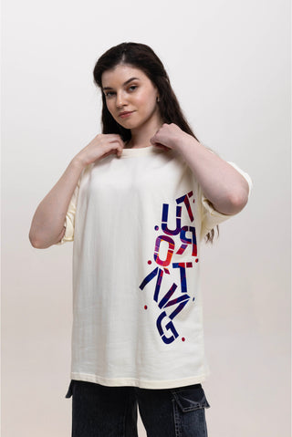 TURQTANG Stacked in Style Oversized T-Shirt in Stone Ivory – Minimalist streetwear with timeless appeal.